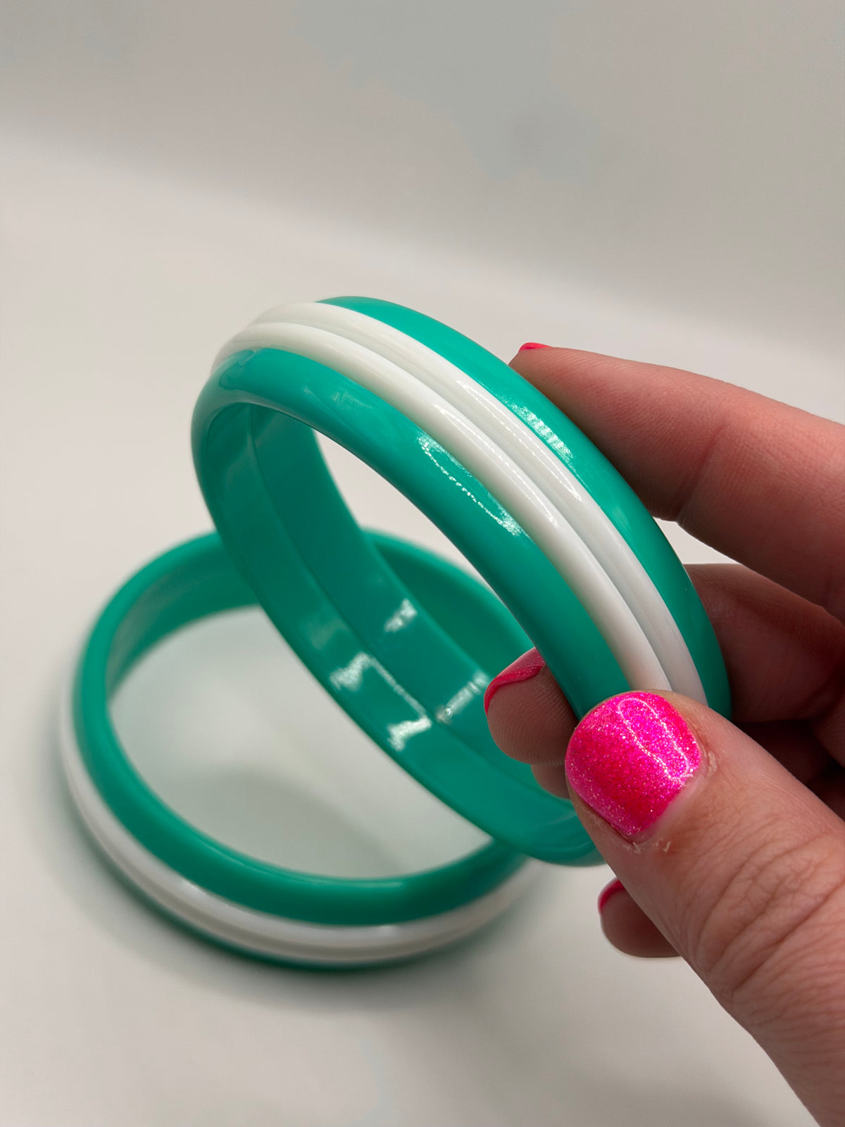 Teal and white triple layer track stripe bangle bracelets
