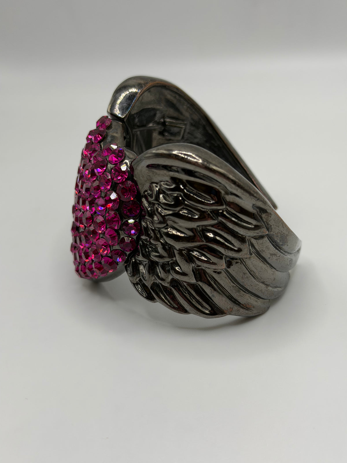Y2K pink rhinestone winged heart cuff bracelet