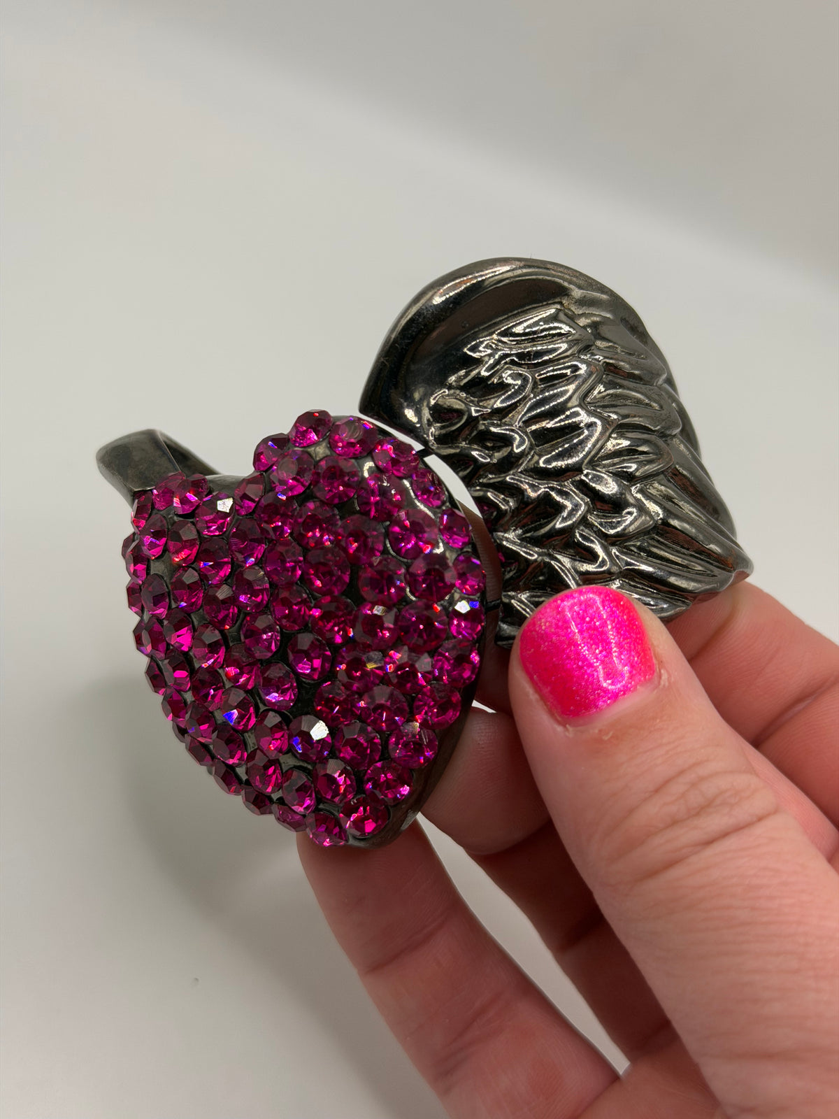 Y2K pink rhinestone winged heart cuff bracelet