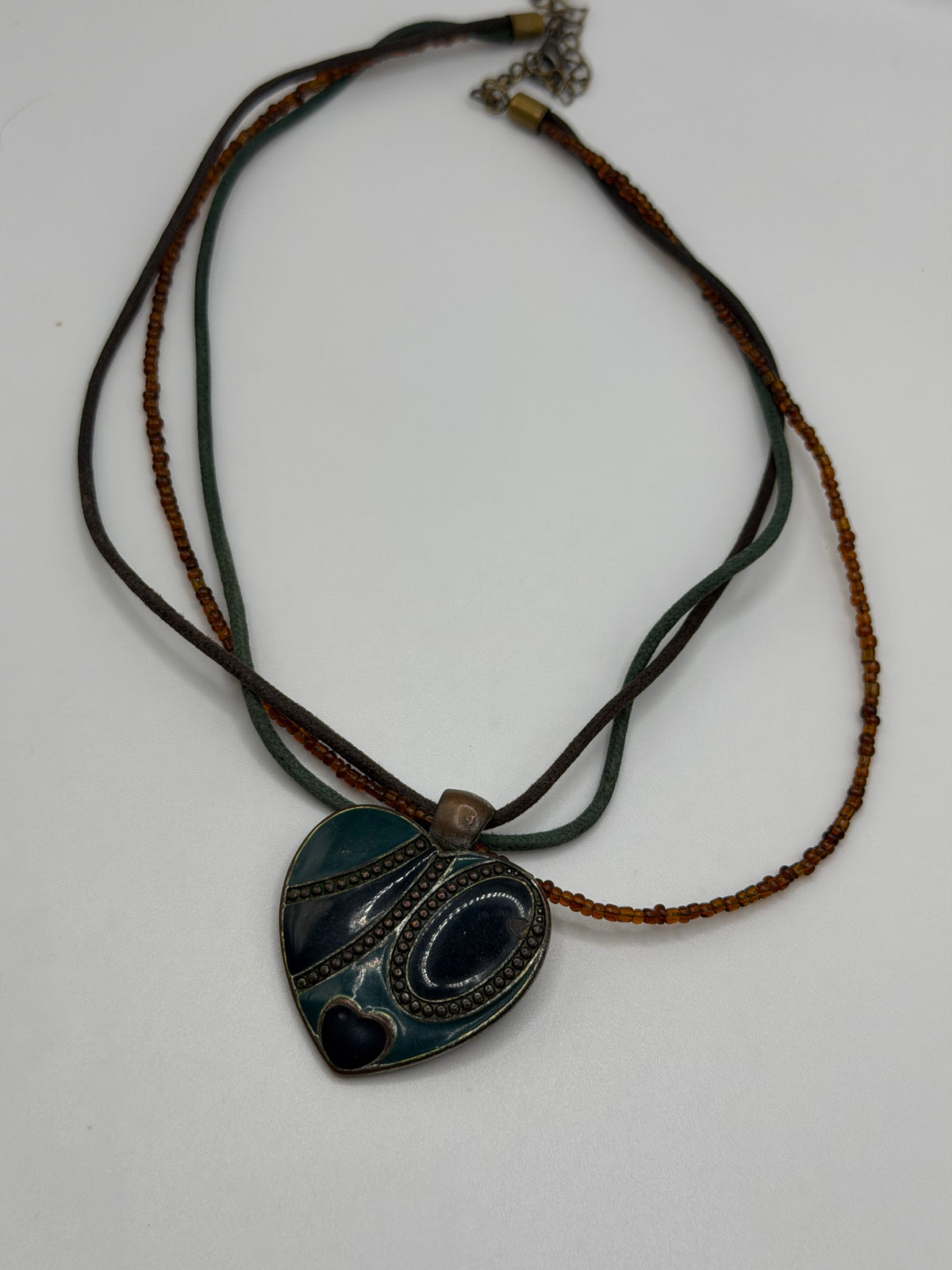 Y2K teal enamel layered cord heart pendant necklace