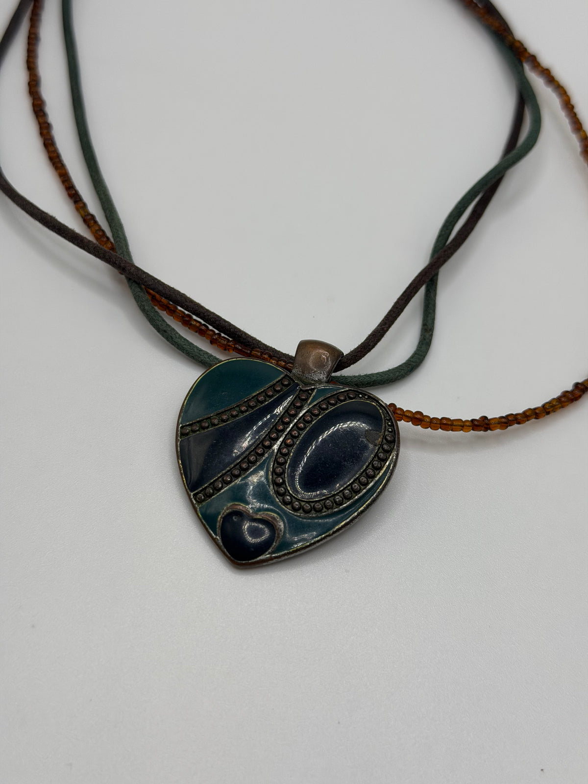 Y2K teal enamel layered cord heart pendant necklace
