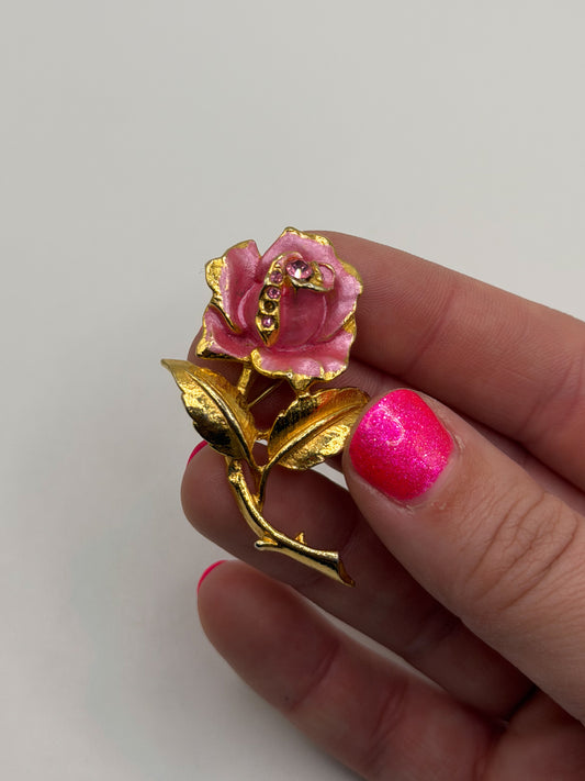 Vintage 80s Vitali pink enamel and rhinestone rose brooch