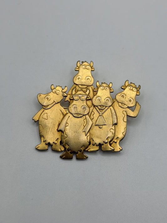 Vintage 80s JJ whimsical laughing cows brooch