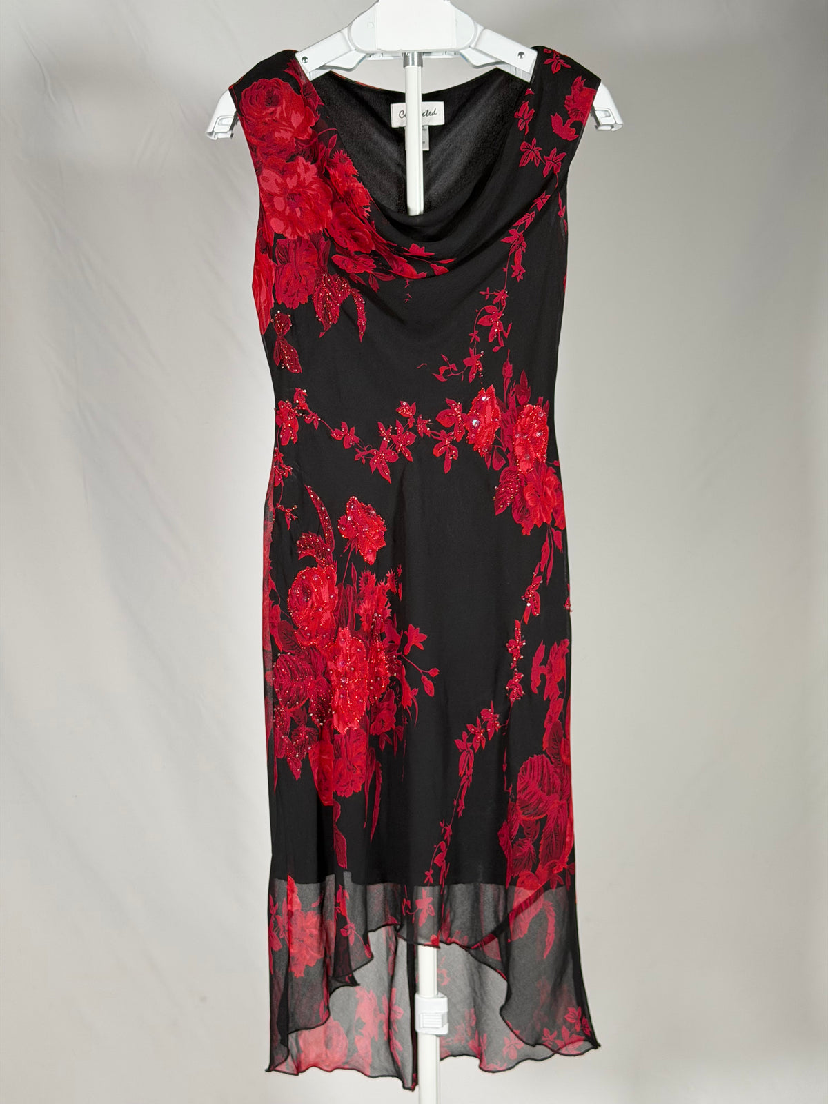 Connected Apparel sequin beaded black/red floral cowl neck midi