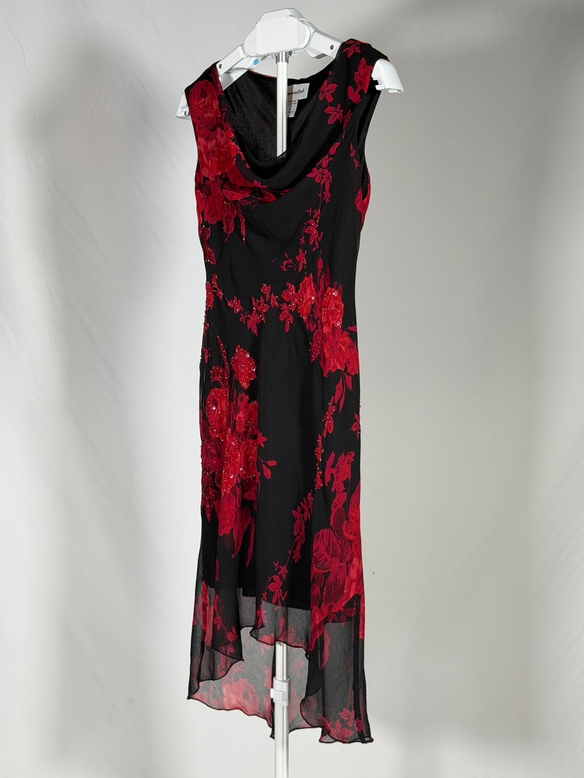 Connected Apparel sequin beaded black/red floral cowl neck midi