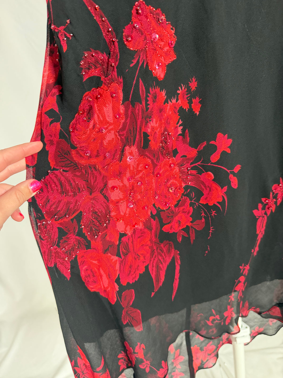 Connected Apparel sequin beaded black/red floral cowl neck midi