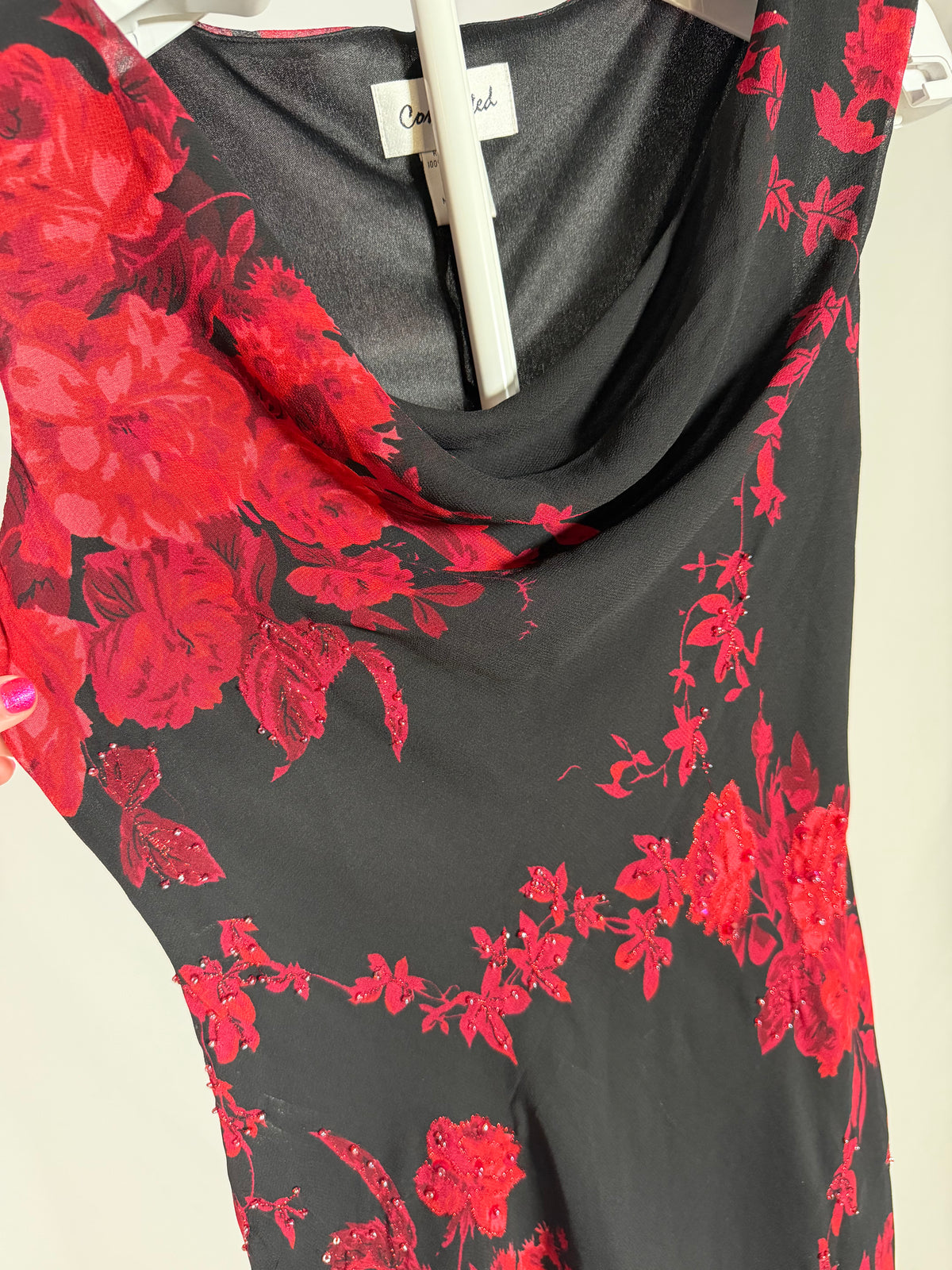 Connected Apparel sequin beaded black/red floral cowl neck midi