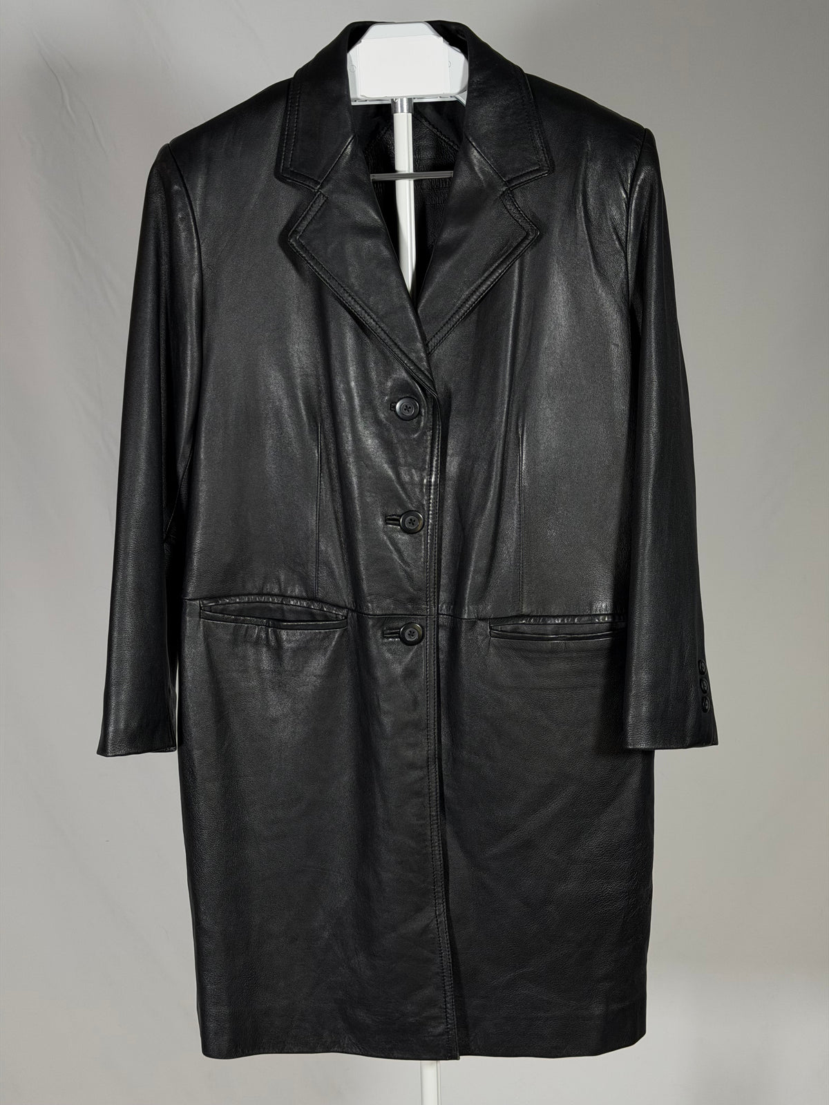 Vintage 90s Stone & York genuine black lambskin leather trench coat