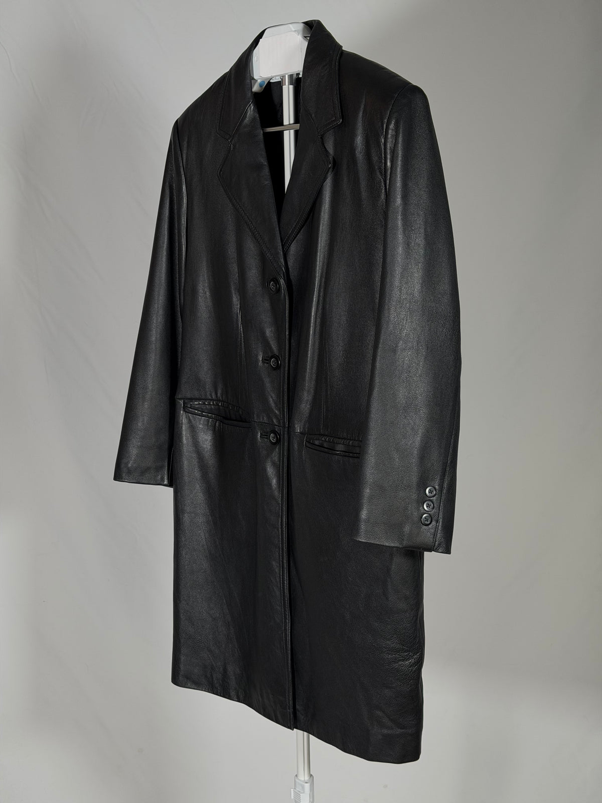 Vintage 90s Stone & York genuine black lambskin leather trench coat