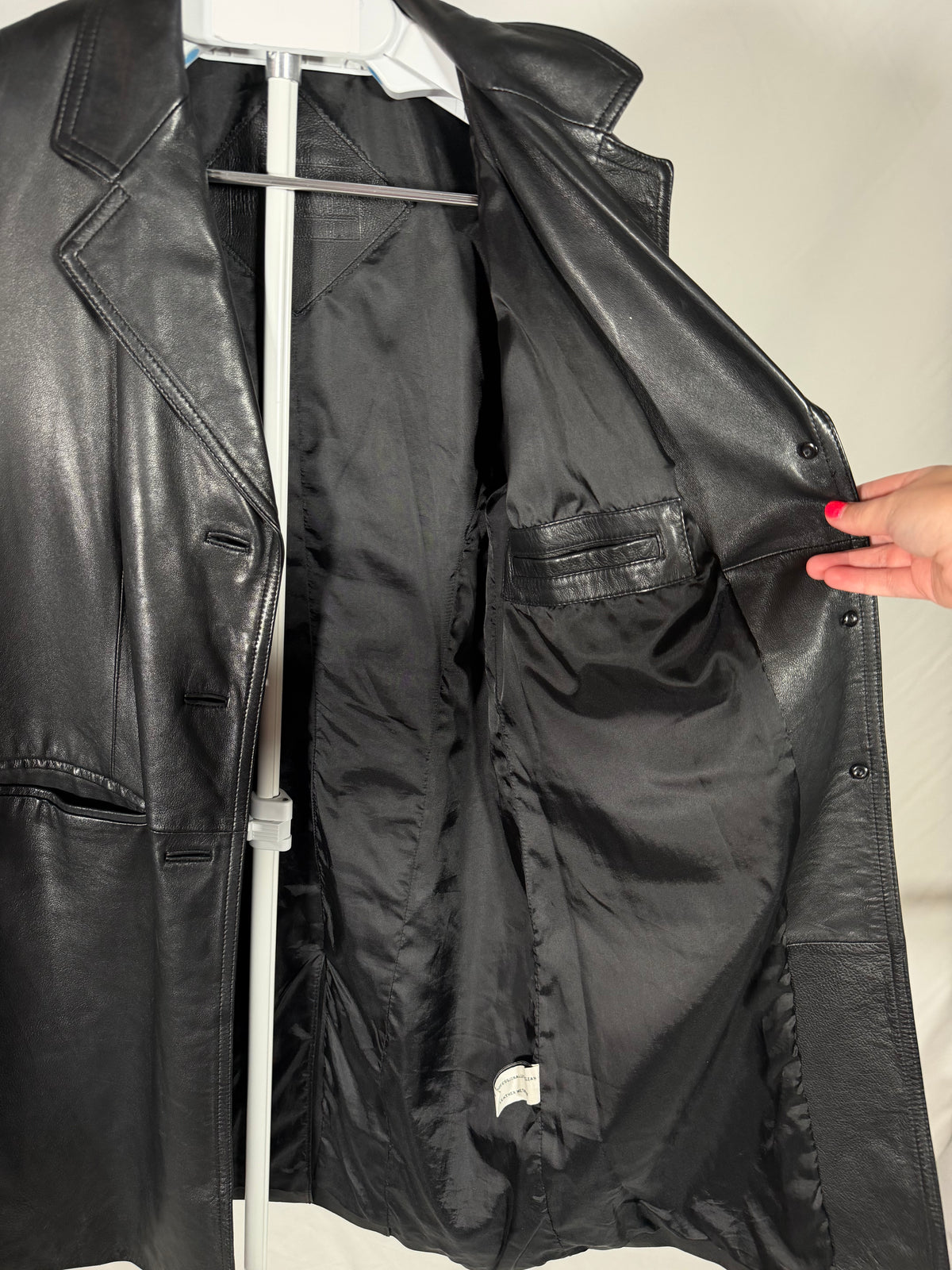 Vintage 90s Stone & York genuine black lambskin leather trench coat