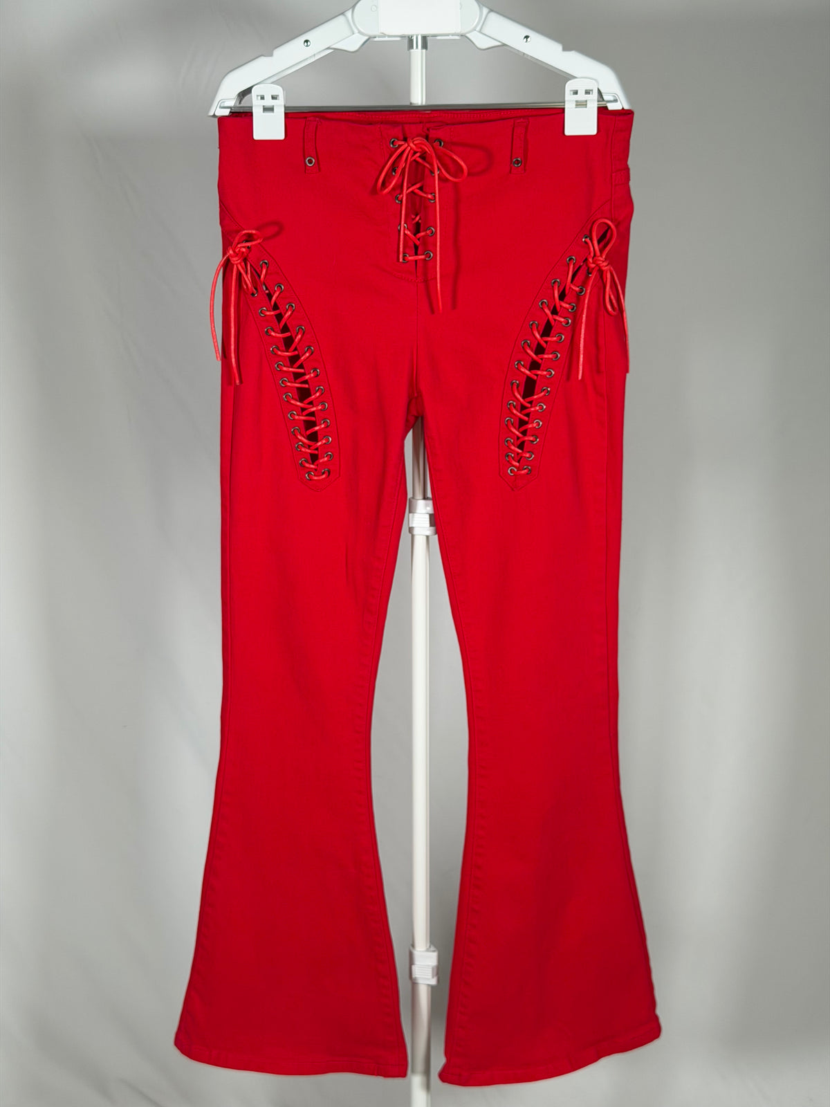 Edikted red triple lace-up high-rise flare jeans